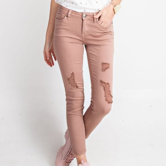 Red bean distressed skinny pants - Picture 1 of 4